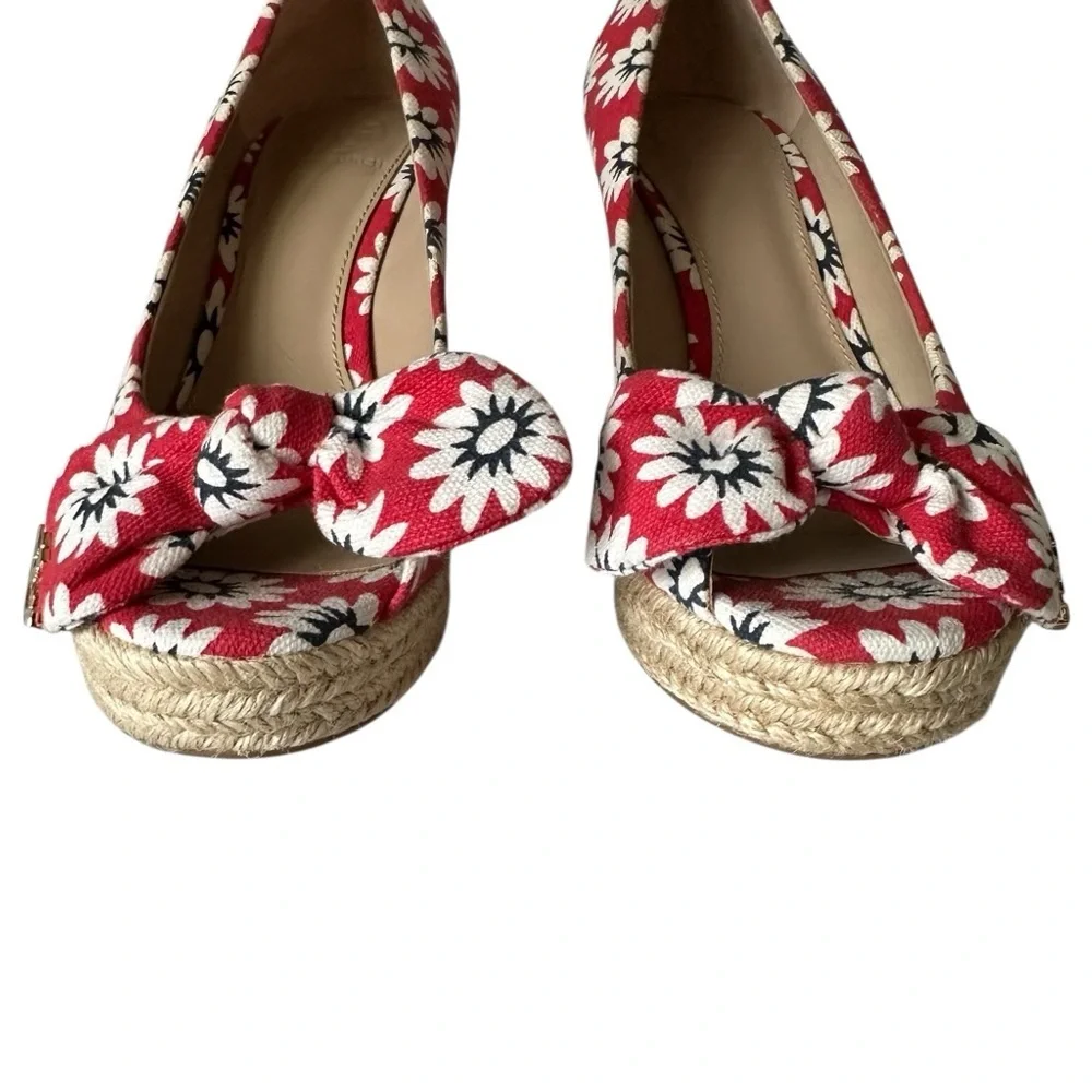 Tory Burch Dory Espadrille Wedge Red Floral Peep Toe Bow 6.5